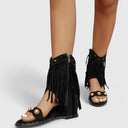 Women's Boho Fringe Ankle Cuff Sandals – Open Toe Studded Zip Flat Summer