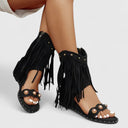 Women's Boho Fringe Ankle Cuff Sandals – Open Toe Studded Zip Flat Summer