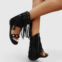 Women's Boho Fringe Ankle Cuff Sandals – Open Toe Studded Zip Flat Summer