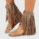 Women's Boho Fringe Ankle Cuff Sandals – Open Toe Studded Zip Flat Summer