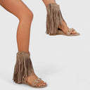 Women's Boho Fringe Ankle Cuff Sandals – Open Toe Studded Zip Flat Summer