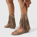 Women's Boho Fringe Ankle Cuff Sandals – Open Toe Studded Zip Flat Summer