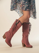 Women's Boho Fringe Knee High Boots – Pointed Toe Nubuck Stud Trim Block Heel