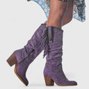 Women's Boho Fringe Knee High Boots – Pointed Toe Nubuck Stud Trim Block Heel