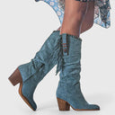 Women's Boho Fringe Knee High Boots – Pointed Toe Nubuck Stud Trim Block Heel