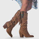 Women's Boho Fringe Knee High Boots – Pointed Toe Nubuck Stud Trim Block Heel