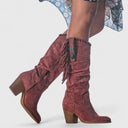 Women's Boho Fringe Knee High Boots – Pointed Toe Nubuck Stud Trim Block Heel
