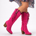 Women's Boho Fringe Knee High Boots – Pointed Toe Nubuck Stud Trim Block Heel