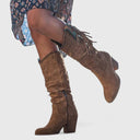 Women's Boho Fringe Knee High Boots – Pointed Toe Nubuck Stud Trim Block Heel