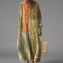 Women's Boho Geometric Dot Patchwork Midi – V Neck Long Sleeve Oversized Dress