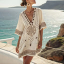 Women's Boho Geometric Embroidered Beach Cover Up – V Neck Batwing Summer