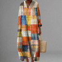 Women's Boho Geometric Patchwork Midi – V Neck Long Sleeve Casual Summer Dress