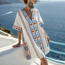 Women's Boho Geometric Print Beach Cover Up – V Neck Batwing Sleeve Summer