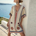 Women's Boho Geometric Print Beach Dress – V Neck Batwing Sleeve Cover Up