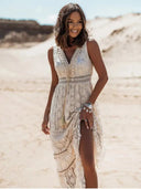 Women's Boho Lace Maxi Dress – V Neck Sleeveless Crochet Beach Wedding Dress