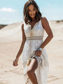 Women's Boho Lace Maxi Dress – V Neck Sleeveless Crochet Beach Wedding Dress