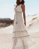 Women's Boho Lace Maxi Dress – V Neck Sleeveless Crochet Beach Wedding Dress
