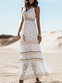 Women's Boho Lace Maxi Dress – V Neck Sleeveless Crochet Beach Wedding Dress