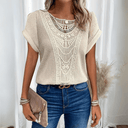 Women's Boho Lace Panel Knit Top – Round Neck Short Sleeve Summer Blouse