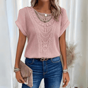 Women's Boho Lace Panel Knit Top – Round Neck Short Sleeve Summer Blouse