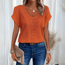 Women's Boho Lace Panel Knit Top – Round Neck Short Sleeve Summer Blouse