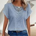 Women's Boho Lace Panel Knit Top – Round Neck Short Sleeve Summer Blouse