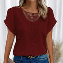 Women's Boho Lace Panel Knit Top – Round Neck Short Sleeve Summer Blouse