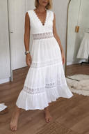 Women's Boho Lace Trim Midi Dress – V Neck Sleeveless Tiered Wedding Guest Dress