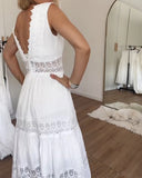 Women's Boho Lace Trim Midi Dress – V Neck Sleeveless Tiered Wedding Guest Dress