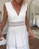 Women's Boho Lace Trim Midi Dress – V Neck Sleeveless Tiered Wedding Guest Dress