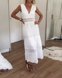 Women's Boho Lace Trim Midi Dress – V Neck Sleeveless Tiered Wedding Guest Dress
