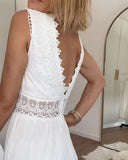 Women's Boho Lace Trim Midi Dress – V Neck Sleeveless Tiered Wedding Guest Dress