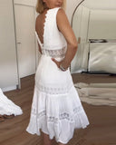 Women's Boho Lace Trim Midi Dress – V Neck Sleeveless Tiered Wedding Guest Dress