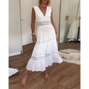 Women's Boho Lace Trim Midi Dress – V Neck Sleeveless Tiered Wedding Guest Dress