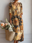 Women's Boho Mandala Print Maxi – V Neck Long Sleeve Casual Everyday Dress