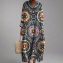Women's Boho Medallion Floral Midi – V Neck Long Sleeve Oversized Casual Dress