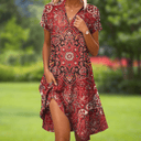 Women's Boho Medallion Print Midi Dress – V Neck Button Short Sleeve Split