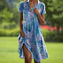 Women's Boho Medallion Print Midi Dress – V Neck Button Short Sleeve Split