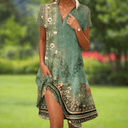 Women's Boho Medallion Print Midi Dress – V Neck Button Short Sleeve Split