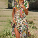 Women's Boho Medallion Print Midi Dress – V Neck Button Short Sleeve Split