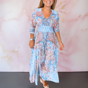 Women's Boho Paisley Floral Maxi – V Neck Tie Front Smocked Waist Tiered Dress