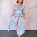 Women's Boho Paisley Floral Maxi – V Neck Tie Front Smocked Waist Tiered Dress