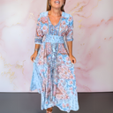 Women's Boho Paisley Floral Maxi – V Neck Tie Front Smocked Waist Tiered Dress