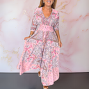 Women's Boho Paisley Floral Maxi – V Neck Tie Front Smocked Waist Tiered Dress