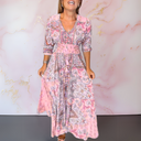 Women's Boho Paisley Floral Maxi – V Neck Tie Front Smocked Waist Tiered Dress