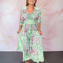 Women's Boho Paisley Floral Maxi – V Neck Tie Front Smocked Waist Tiered Dress