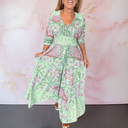 Women's Boho Paisley Floral Maxi – V Neck Tie Front Smocked Waist Tiered Dress