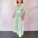 Women's Boho Paisley Floral Maxi – V Neck Tie Front Smocked Waist Tiered Dress