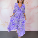 Women's Boho Paisley Floral Maxi – V Neck Tie Front Smocked Waist Tiered Dress