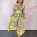 Women's Boho Paisley Floral Maxi – V Neck Tie Front Smocked Waist Tiered Dress